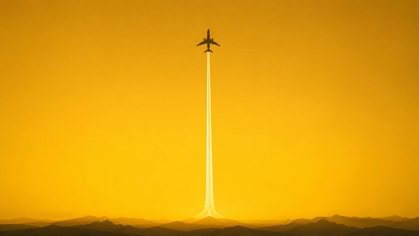 A small plane climbing into a golden sky, leaving a single long contrail above distant mountains.