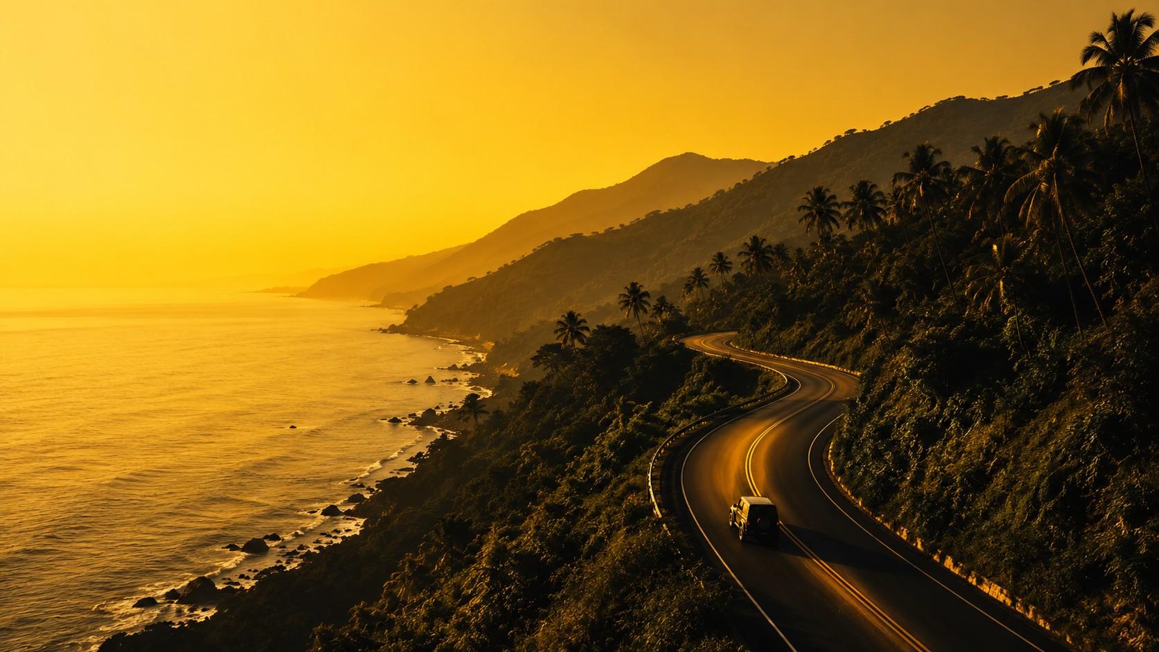 A car driving along a coastal cliffside road through palm trees at golden hour.